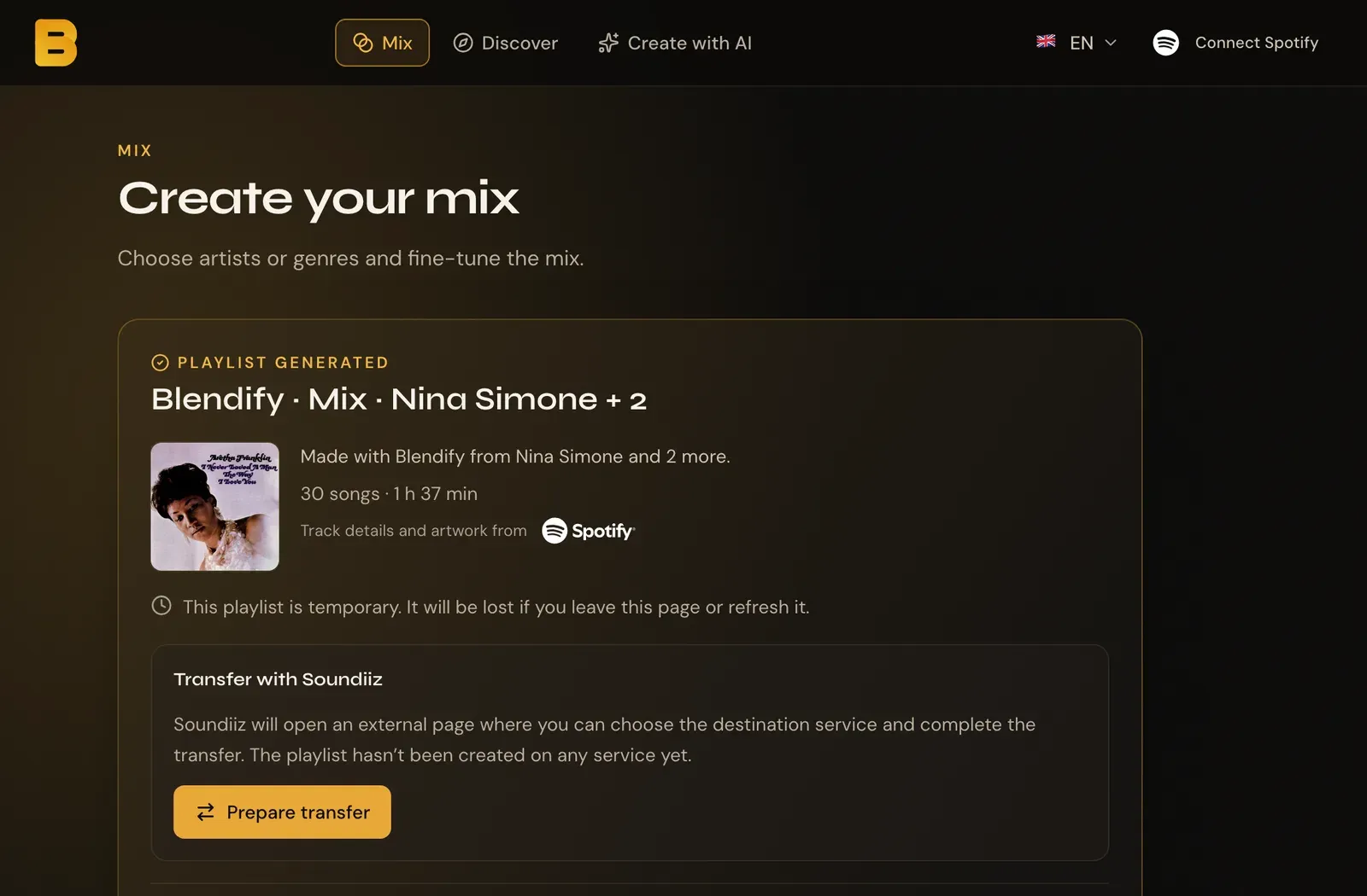 Blendify screenshot: a 30-song playlist generated from three artists, with the option to transfer it to other services
