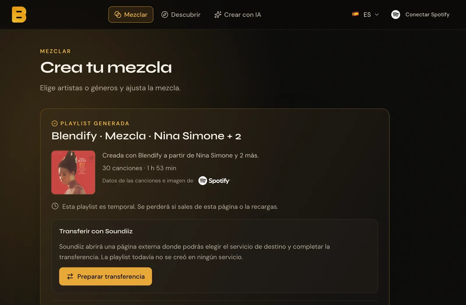 Captura de Blendify: una playlist de 30 canciones generada a partir de tres artistas, con la opción de transferirla a otros servicios