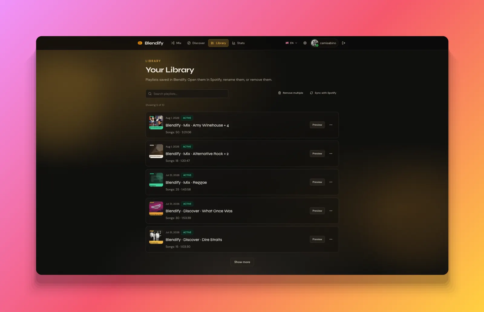 Biblioteca de playlists en Blendify