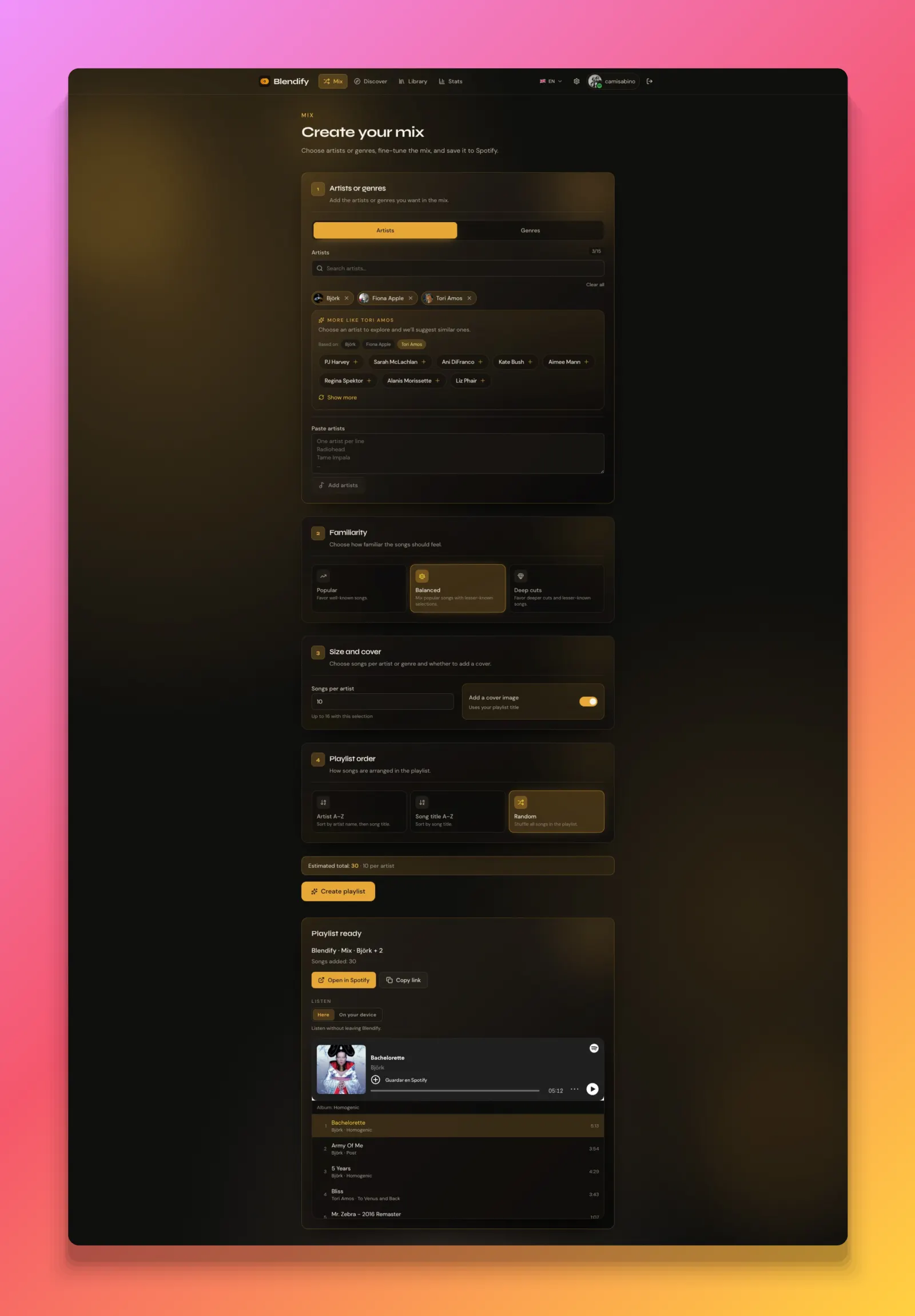 Flujo de mezcla por artistas en Blendify